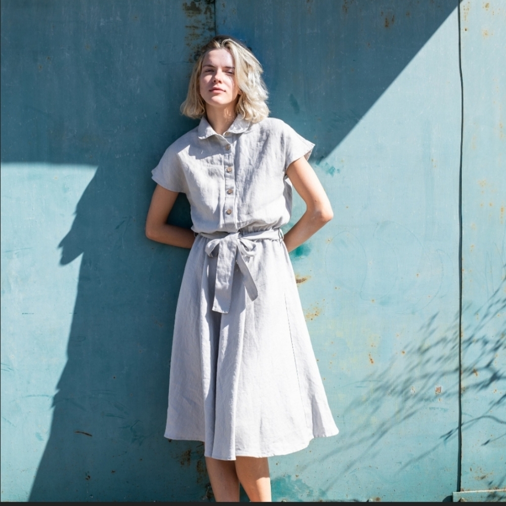 NotPerfectLinen Perth midi linen dress, size Medium, Moss Green